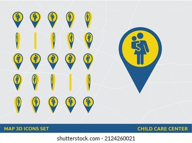 Maps 3D Icon Set Rotation Child Care Center Sign Vector Illustration