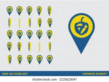 Maps 3D Icon Set Rotation Farmers Market Sign Vector Illustration