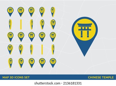 Maps 3D Icon Set Rotation Chinese Temple Sign Vector Illustration