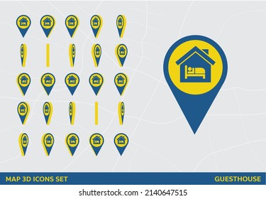 Maps 3D Icon Set Rotation Guesthouse Sign Vector Illustration
