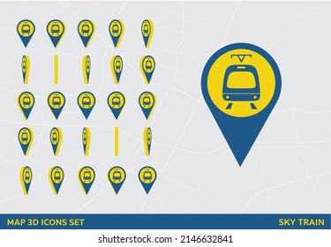 Maps 3D Icon Set Rotation Sky Train Sign Vector Illustration