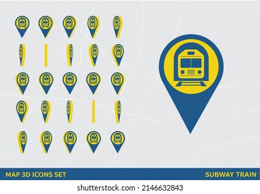 Maps 3D Icon Set Rotation Subway Train Sign Vector Illustration