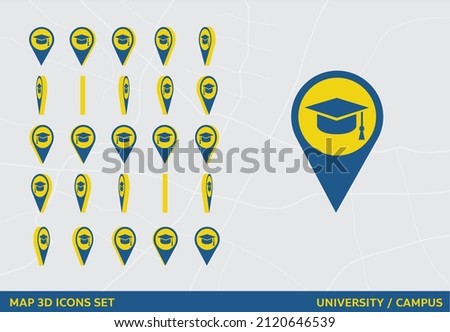 Maps 3D Icon Set Rotation University Campus Sign Vector Illustration