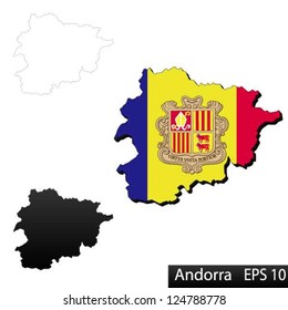 Maps of Andorra, 3 dimensional with flag clipped inside borders,and shadow, and black and white contours of country shape, vector