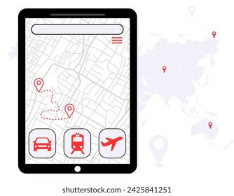 Karten-App mit Fahrzeugoptionen für Transportvektor-Illustration 