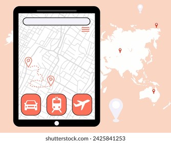 Karten-App mit Fahrzeugoptionen für Transportvektor-Illustration 