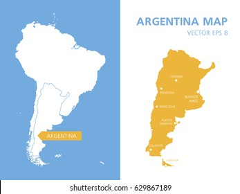 Maps of Argentina and South America. Vector illustration isolated on background. Template for design, cover, website, infographics