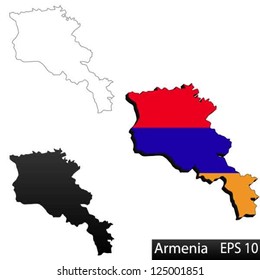 Maps of Armenia, 3 dimensional with flag clipped inside borders,and shadow, and black and white contours of country shape, vector