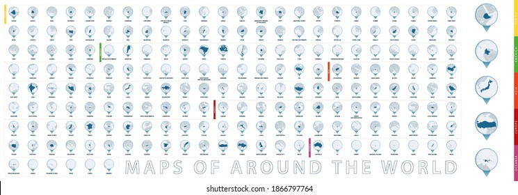 Maps of Around the World, Set of Map Pin with Detailed Map. Vector Blue Pin Collection.