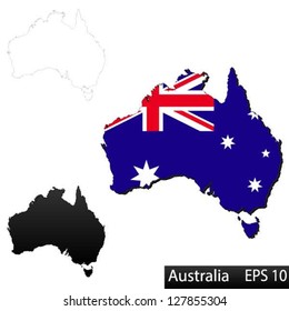 Maps of Australia, 3 dimensional with flag clipped inside borders,and shadow, and black and white contours of country shape, vector