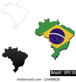 Maps of Brazil, 3 dimensional with flag clipped inside borders,and shadow, and black and white contours of country shape, vector