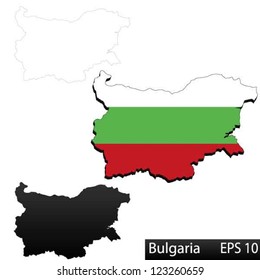 Maps of Bulgaria, 3 dimensional with flag clipped inside borders,and shadow, and black and white contours of country shape, vector