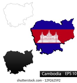 Maps of Cambodia, 3 dimensional with flag clipped inside borders,and shadow, and black and white contours of country shape, vector
