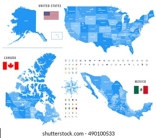 maps of Canada, United States and Mexico with flags and location\navigation icons. All layers detachable and labeled. Vector