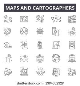 Maps and cartographers line icon signs. Linear vector outline illustration set concept.