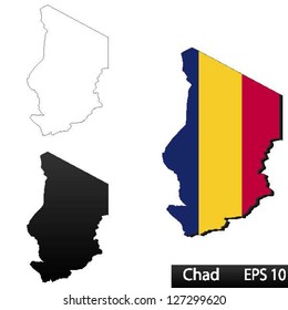 Maps of Chad, 3 dimensional with flag clipped inside borders,and shadow, and black and white contours of country shape, vector