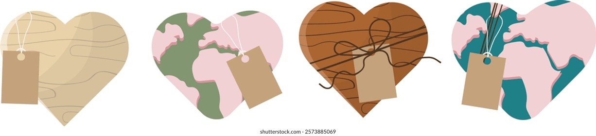 Maps Collection with Tags isolated on white background. Eco-friendly heart set concept. Environmental protection. Sustainable love and valentines. Flat style.  Earth day. Vector illustration