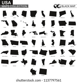 Maps Collection Of USA States, Black Contour Maps Of US State. Vector Set.