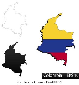 Maps of Colombia, 3 dimensional with flag clipped inside borders,and shadow, and black and white contours of country shape, vector