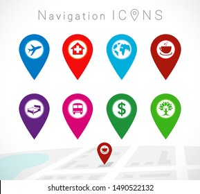 Maps and colored pins icons. Make your own custom location pin icon. Map with cafe point place symbol. Navigation and route concept illustration. Vector tag for contact web page