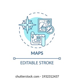 Maps concept icon. Online library catalogue idea thin line illustration. Variety of cards. New technologies. Compilation of different maps. Vector isolated outline RGB color drawing. Editable stroke