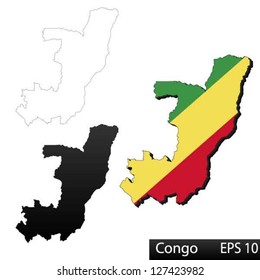 Maps of Democratic Republic of the Congo, 3 dimensional with flag clipped inside borders,and shadow, and black and white contours of country shape, vector