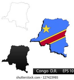 Mapas de la República Democrática del Congo, tridimensionales con una bandera recortada dentro de las fronteras, y sombras, y contornos en blanco y negro de la forma del país, vector