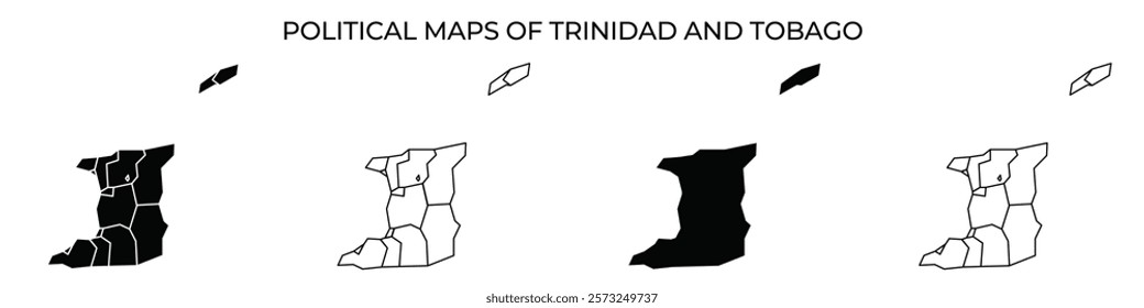 Maps depict the political divisions of Trinidad and Tobago, showcasing the regions and their boundaries in a simplified black and white format for easy understanding of the layout and structure.