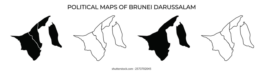 Maps display the political boundaries of Brunei Darussalam, showcasing its unique shape and division. The black and white contrast enhances visibility of geographical features.