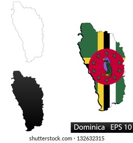 Maps of Dominica, 3 dimensional with flag clipped inside borders,and shadow, and black and white contours of country shape, vector