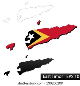 Maps of East Timor, 3 dimensional with flag clipped inside borders,and shadow, and black and white contours of country shape, vector