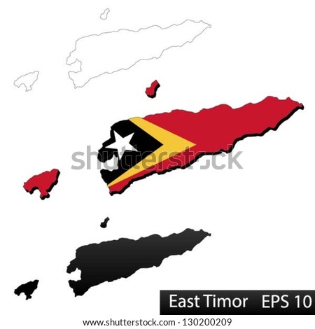 Maps of East Timor, 3 dimensional with flag clipped inside borders,and shadow, and black and white contours of country shape, vector