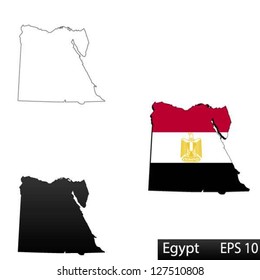 Maps of Egypt, 3 dimensional with flag clipped inside borders,and shadow, and black and white contours of country shape, vector