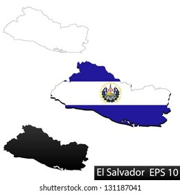 Maps of El Salvador, 3 dimensional with flag clipped inside borders,and shadow, and black and white contours of country shape, vector