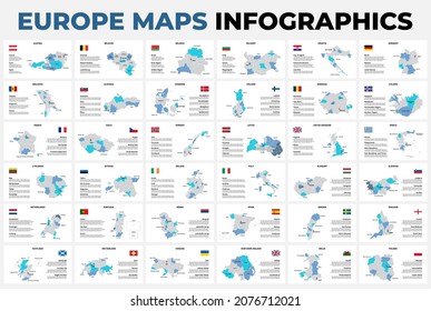 Maps of European countries divided into regions, provinces and districts with a capital for infographics presentation.