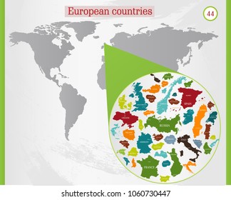 Maps of European countries with the names of capitals on a light gray background
