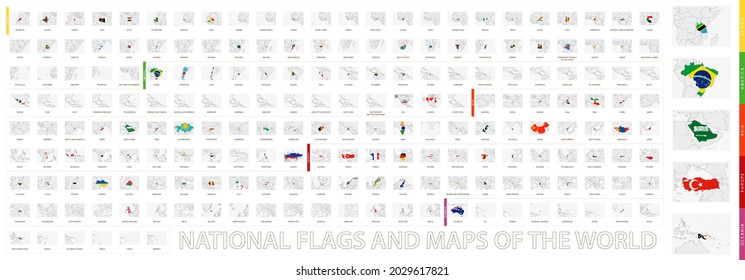 Maps with flag of the World, national flags and map collection. Vector set.