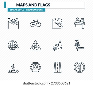 Conjunto de iconos de mapas y banderas - Las Vegas, bicicleta, seguridad de deslizamiento de roca, cruce de ferrocarril, colección de Vector de contorno del lado izquierdo de la carretera.