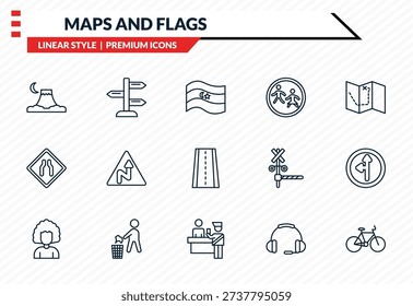 maps and flags icons set - mount fuji, vintage, narrow two lanes, inmigration check point, bicycle outline vector collection.