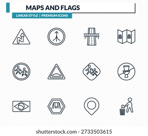 maps and flags icons set - right reverse curve, road joining, flyover bridge, no toileting, no littering outline vector collection.