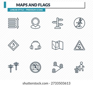 maps and flags icons set - spacing, location mark, vintage, land slide, throw to the bin outline vector collection.
