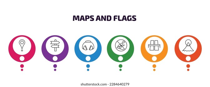 maps and flags infographic template with icons and 6 step or option. maps and flags icons such as placeholder point, vintage, ear protection, no skiing, flyover bridge, mount fuji vector. can be