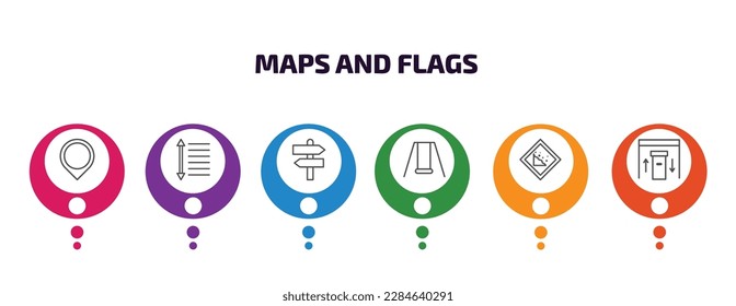 mapea y marca la plantilla infográfica con iconos y 6 paso o opción. mapas e iconos de indicadores como marcador de ubicación, espaciado, desarollo, oscilaciones, deslizamiento de tierra, vector de punto de control de la inmigración. puede