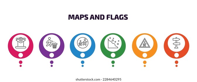 maps and flags infographic template with icons and 6 step or option. maps and flags icons such as las vegas, use dust bin, school zone, rock landslide safety, crossing zone, vintage vector. can be