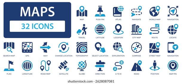 Maps flat icons collection. Location, atlas, travel, navigate, map pin, road, globe, way, GPS, satellite, compass sign set.