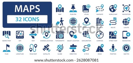 Maps flat icons collection. Location, atlas, travel, navigate, map pin, road, globe, way, GPS, satellite, compass sign set.