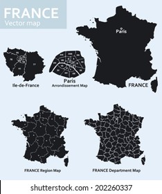 Maps of France with its departments and regions and Paris with its districts