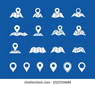 Maps and geo pins. Make your own custom location pin icon for app or contact web page. Map with pin symbol vector icons. Navigation and route concept illustration
