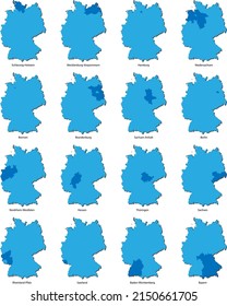 maps of Germany with each of the sixteen separate federal states highlighted, vector illustration