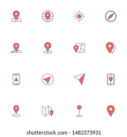 maps, gps, navigation filled line red icons set